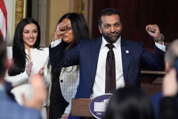 Alexis Wilkins, left, watches on during Kash Patel’s ceremonial swearing-in as FBI director last year.