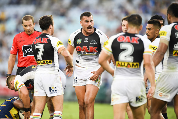 Reagan Campbell-Gillard getting fired up during a game for Penrith.