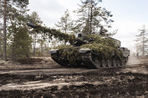 A British Army Challenger 2 battle tank during a training exercise in Finland. 
