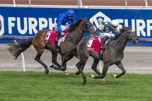 Hitotsu stretches away to take the Victoria Derby at Flemington in the spring.