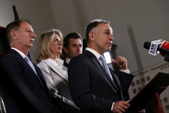John Pesutto and his then leadership team, including David Southwick (left), after Moira Deeming was suspended from the party in March last year.