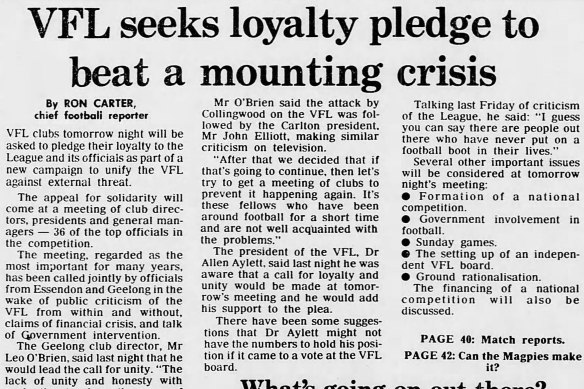 An article on the VFL crisis published in The Age on May 12, 1984.