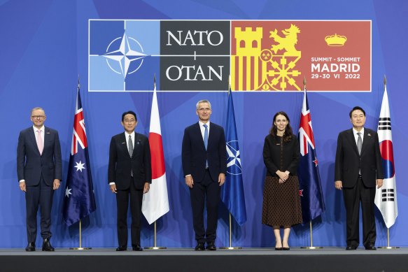 Prime Minister Anthony Albanese, Japanese Prime Minister Fumio Kishida, NATO Secretary-General Jens Stoltenberg, NZ Prime Minister Jacinda Ardern and South Korean President Yoon Suk-yeol during the “family photo” of the Asia-Pacific partners at the NATO leaders’ summit in Madrid.