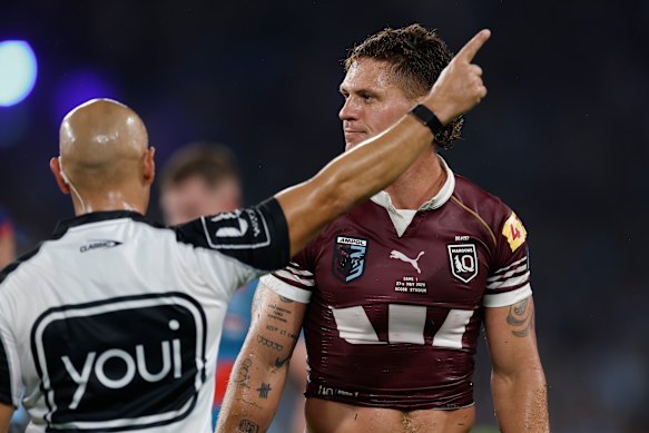 Referee Ashley Klein sends Kalyn Ponga from the field.