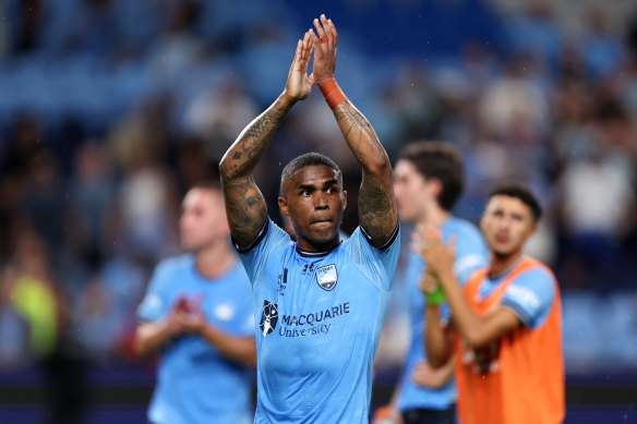 Douglas Costa claps the fans post-match.