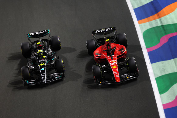 Carlos Sainz (55) in the Ferrari SF-23 and Lewis Hamilton (44) in a Mercedes AMG Petronas F1 Team W14 were making up the numbers at the F1 Grand Prix of Saudi Arabia on Sunday, and their hopes of being serious challengers this season look grim.