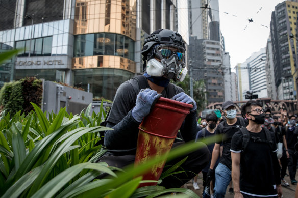 A pro-democracy protester in Hong Kong on Sunday afternoon.