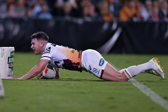 Jock Madden scored his first two tries as a Brisbane Bronco on Saturday night, before leaving the field with a pec injury.