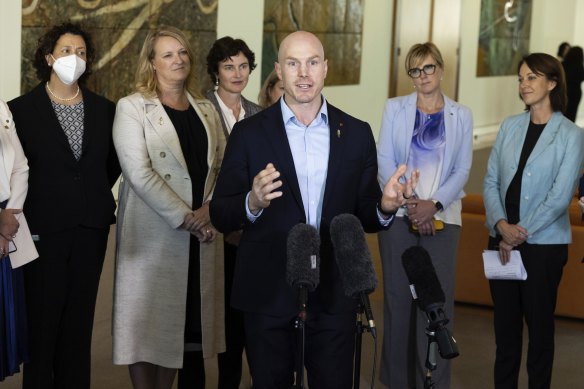 Senator David Pocock with teal independent MPs (from left) Monique Ryan, Kylea Tink, Kate Chaney, Zoe Daniels and Sophie Scamps.