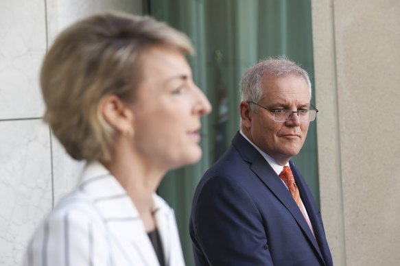 Attorney-General and Minister for Industrial Relations Michaelia Cash and Prime Minister Scott Morrison reveal the Roadmap For Respect in Canberra on Thursday.