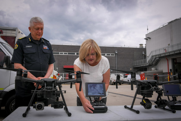Emergency Services Minister Lisa Neville unveiled four new drones on Thursday. 