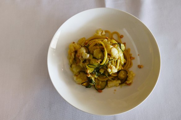 Saffron linguine, Moreton Bay bug, zucchini, anchovy and pine nuts at Otto.