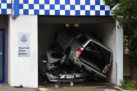 The scene of the crash at Reservoir police station.