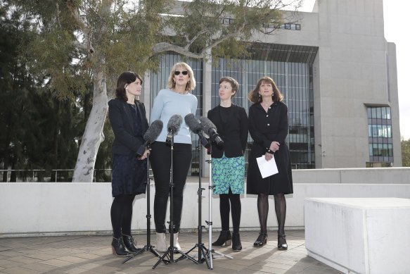 Outside the High Court during the legal challenge to the zones in 2018 (from left): Maurice Blackburn’s Katie Robertson, Dr Allanson, the Human Rights Law Centre’s Adrianne Walters and Dr Tania Penovic from the Castan Centre for Human Rights.