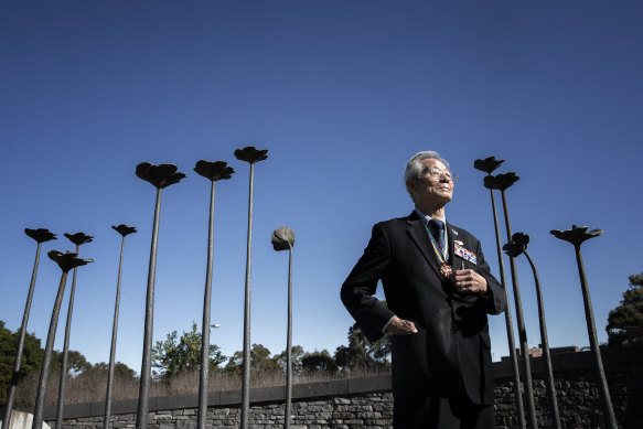Korea War veteran Nak Yoon Paik among 136 steel and bronze flowers, based on the Rose of Sharon, the national flower of South Korea, that represent the fallen troops from NSW.
