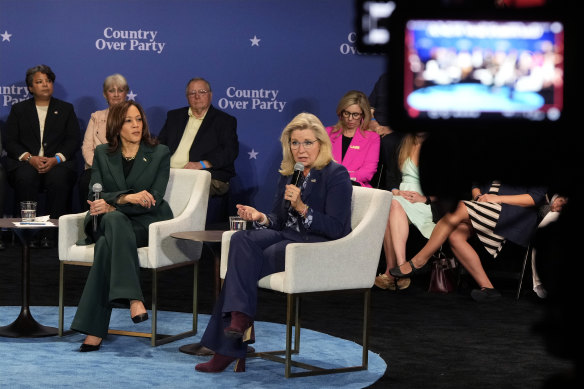 Democratic presidential nominee Vice President Kamala Harris and former Republican congresswoman Liz Cheney, attend a campaign event in Brookfield, Wisconsin on Monday.