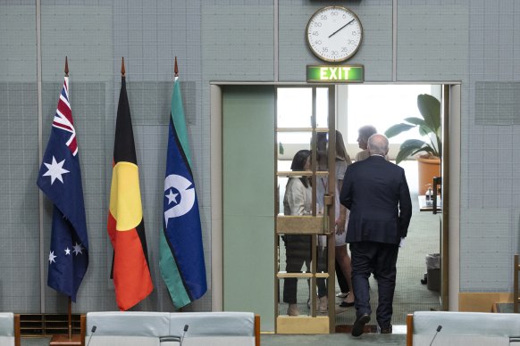 Former prime minister Scott Morrison exits the House of Representatives after his valedictory speech.