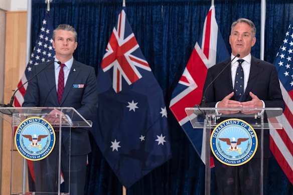 US Secretary of Defence Pete Hegseth and Australian Defence Minister Richard Marles speak to reporters in Washington.