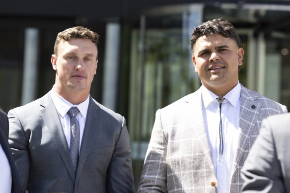 Jack Wighton and Latrell Mitchell outside court in Canberra after charges against them were dropped last November. 