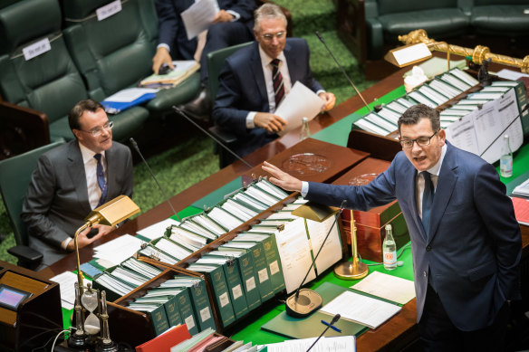 Premier Daniel Andrews and Opposition Leader Michael O'Brien exchanging barbs in the chamber in June. 