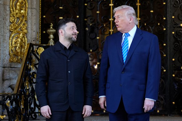 US President Donald Trump greets Ukraine’s President Volodymyr Zelensky at Mar-a-Lago.