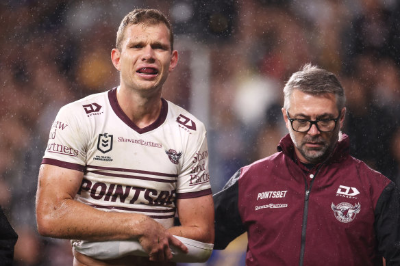 Tom Trbojevic leaves the field with a shoulder injury.