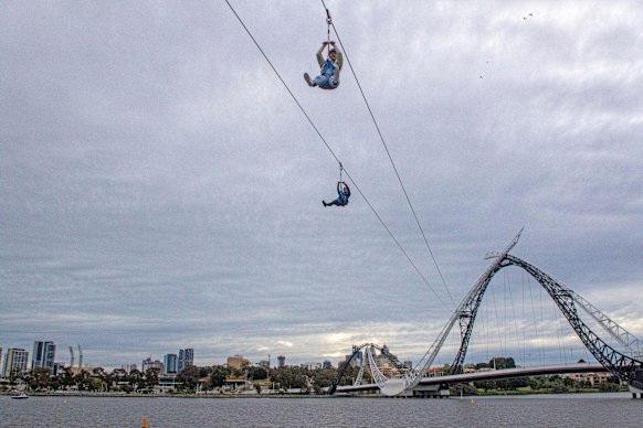 Ziplining on Perth’s Matagarup Bridge.