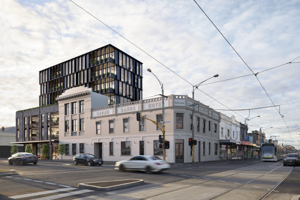 The Sarah Sands pub in Brunswick with an artist's impression of the yet-to-be-built apartments behind it.