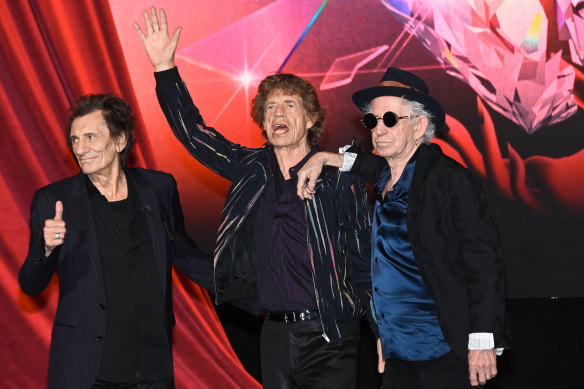Ronnie Wood, Mick Jagger and Keith Richards at the launch of the new Rolling Stones album, Hackney Diamonds, in London on Wednesday.