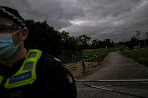 A police officer at the scene on Thursday night.