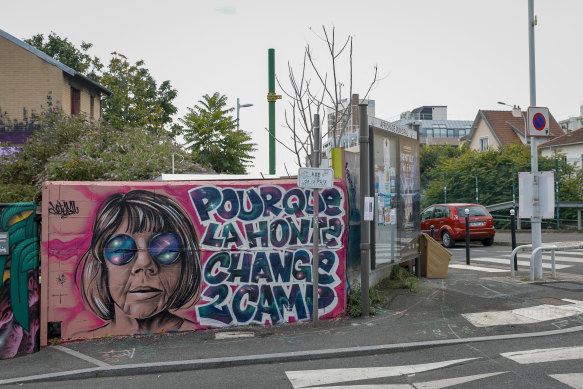 A mural created by Maca_dessine depicts Gisele Pelicot and a sentence reading: “So that shame changes sides” in Gentilly, south of Paris.