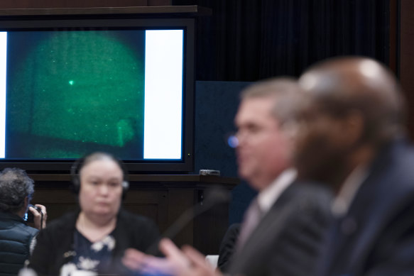 An unidentified aerial object on a screen during a hearing on Capitol Hill in May.