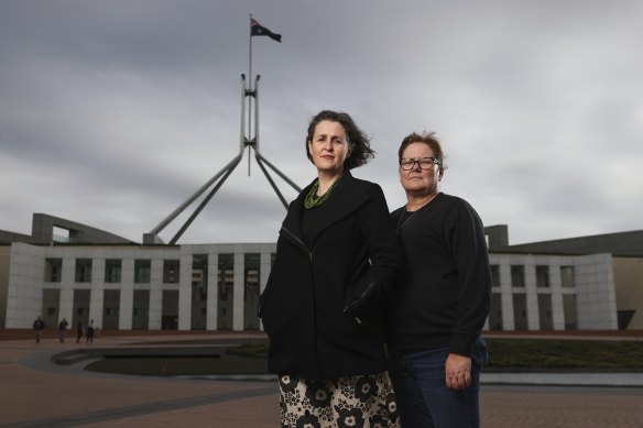 Protesters Helen Dalley-Fisher and Sharon Buikstra on the eve of the Women’s March 4 Justice at Parliament House in Canberra.