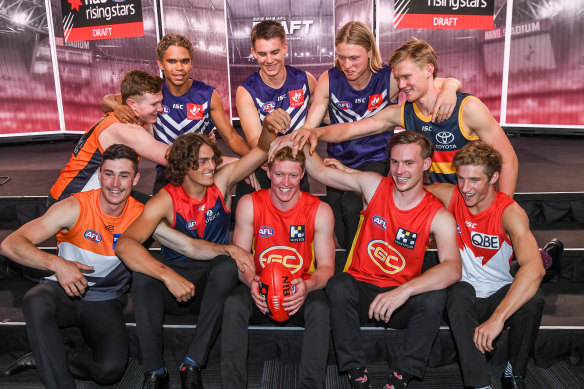 Top 10 round one draft picks: (back, left to right) Tom Green, Liam Henry, Caleb Serong, Hayden Young, Fischer McAsey, (front) Lachie Ash, Luke Jackson, Matt Rowell, Noah Anderson and Dylan Stephens. 
