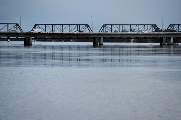 Floodwaters beneath the Nowra Bridge over the Shoalhaven River.