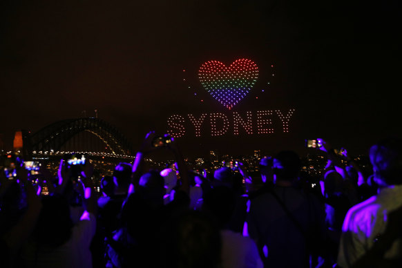 The Elevate Sydney SkyShow drone display above Sydney Harbour in January.