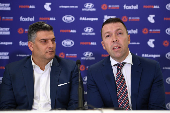 Macarthur FC chairman Gino Marra and Campbelltown mayor George Brticevic speak at the press conference in which the A-League expansion bid was approved.