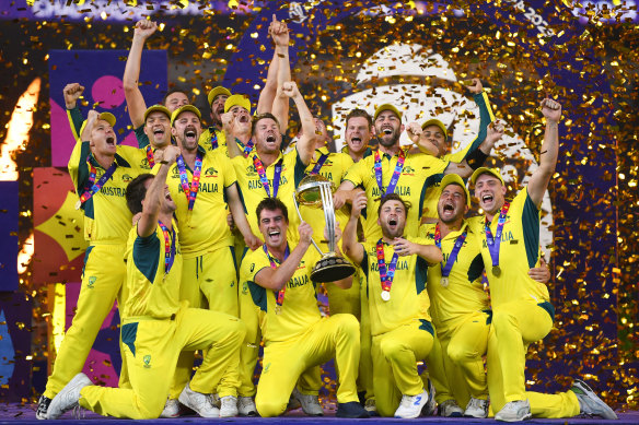 Australia celebrate a remarkable victory over India in the World Cup final in November.