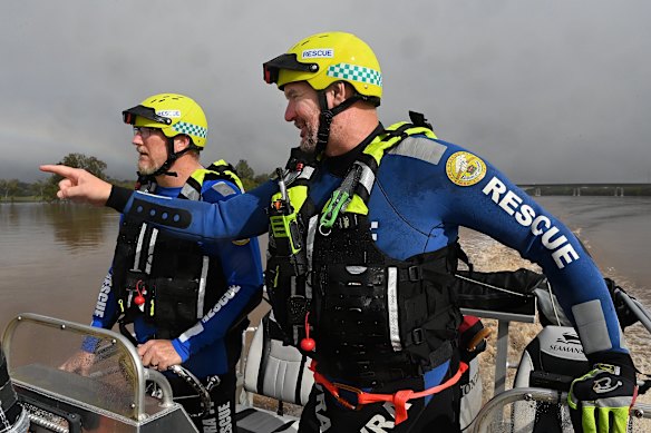 VRA Rescue’s Kile Nicholas (left) and Craig Barlow on their way up the Manning River to Croki.