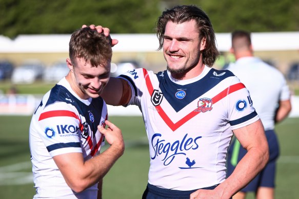 Sam Walker and Angus Crichton after a trial match for the Sydney Roosters against Canberra earlier in the year.