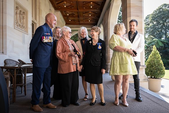 NSW Governor Margaret Beazley presents gallantry awards to the families of Kevin “Dasher” Wheatley and Ron “Butch” Swanton. (Left to right) George Wheatley, Renee Everill, Edna Wheatley, Phyllis Everill, NSW Governor Margaret Beazley, Chantal Swanton-Gallant and Nicholas Swanton-Gallant. 