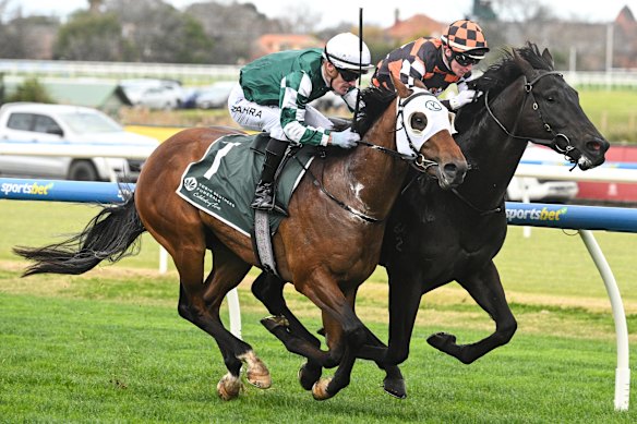 Jamie Melham, right, wins the group 3 Vain Stakes on Jimmy Recard from Tycoon Star, ridden by Mark Zahra.