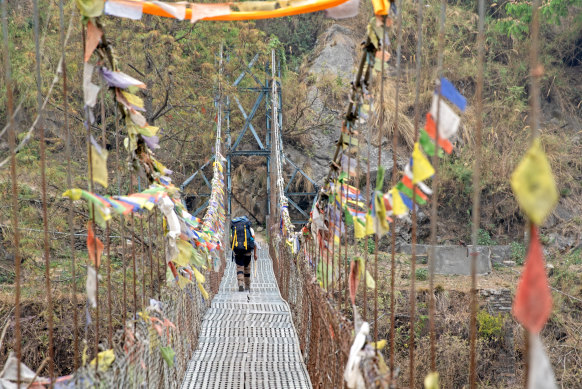 Suspension bridge over the Trishuli River at the start of the Langtang trek.