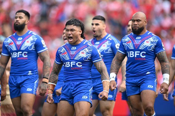 Brian To’o playing for Samoa during the 2025 Pacific Championships.