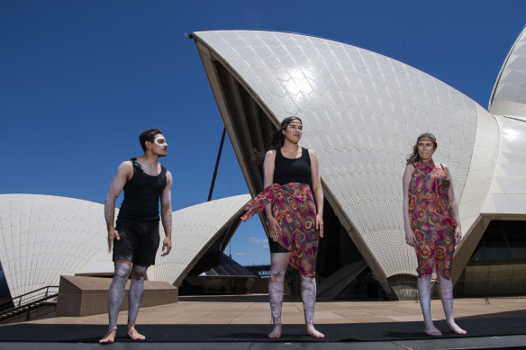 KARI singers Joshua Kalaw, Halle Pierson and Oliva Fox  perform at the Australia Day 2021 program launch.