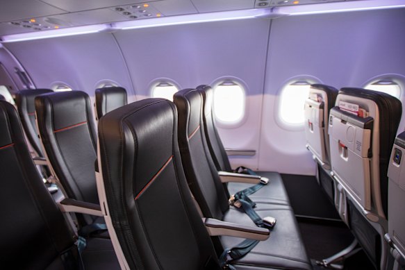 The economy class cabin’s 3-3 configuration is snug.