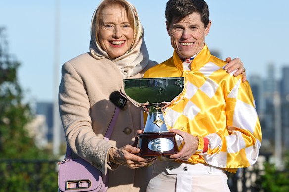 Trainer Gai Waterhouse and jockey Craig Williams after Sir Delius won the Turnbull Stakes at Flemington.