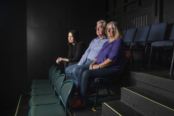 Ian and Penny Lees with Katie’s cousin Nicola Walkerden at the Flightpath Theatre in Marrickville.