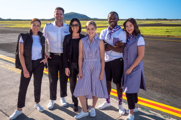 In a step away from manicured tradition, Bonza cabin crew are encouraged to wear their sneaker-based uniform however they want. 