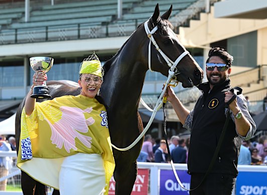 Trainer Natalie Young with stable star Blind Raise after winning at Caulfield on September 19.